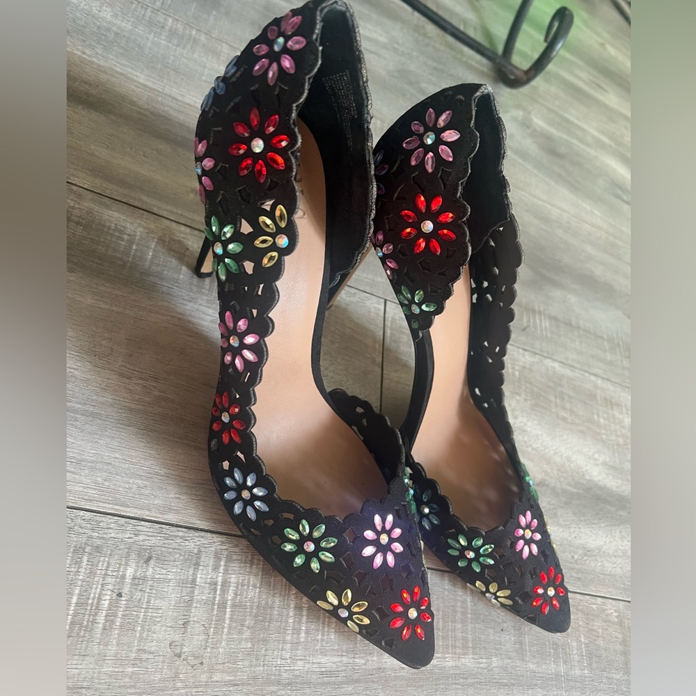 INC International Concepts Black Heels with Multicolor Floral Design
